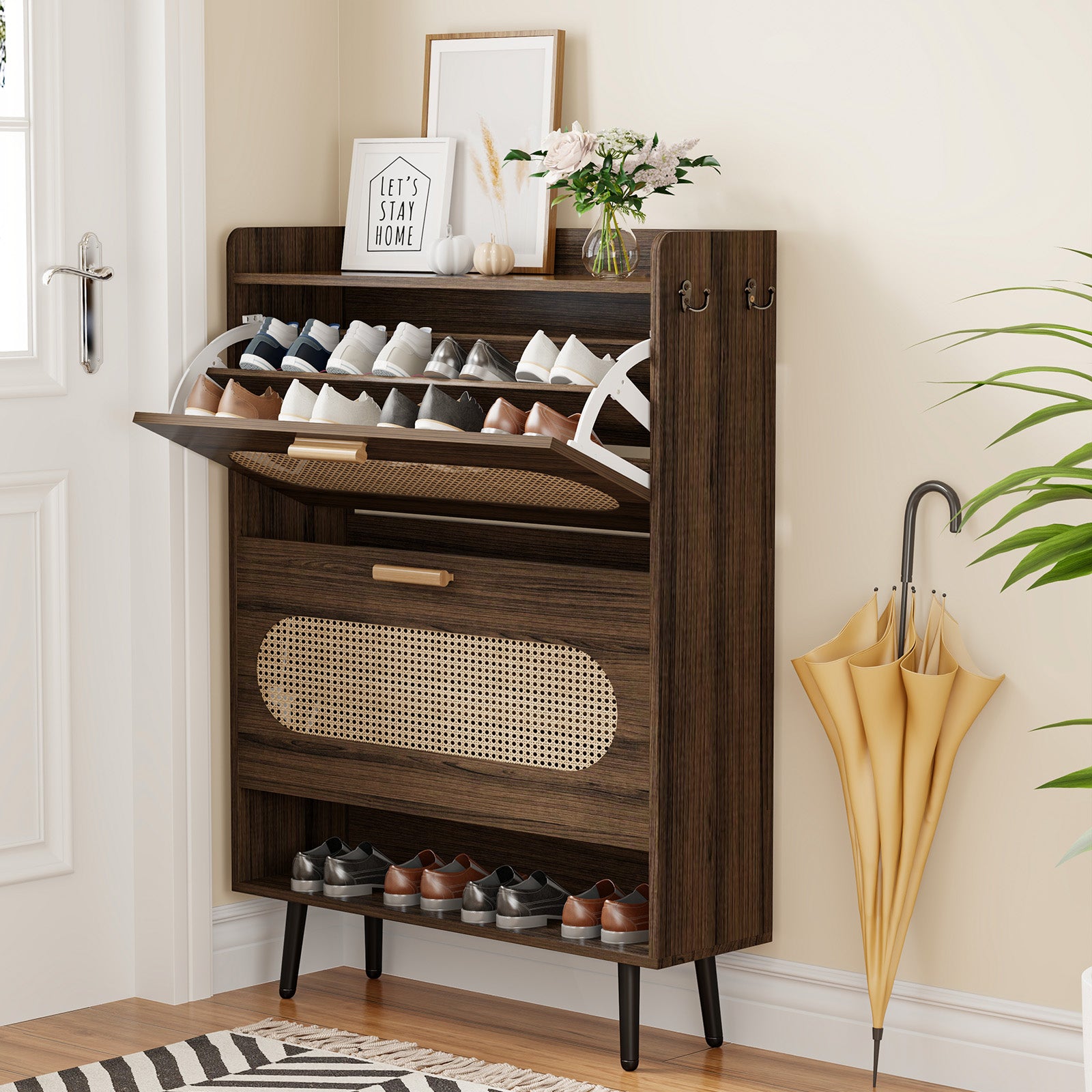 Rattan Shoe Storage Cabinet with 2 Flip Drawers-Walnut