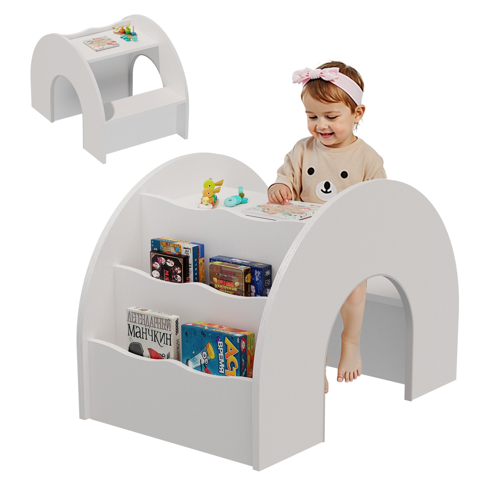 Wooden Arched Kids Desk and Chair Set Study Writing Table with Storage Hutch-White