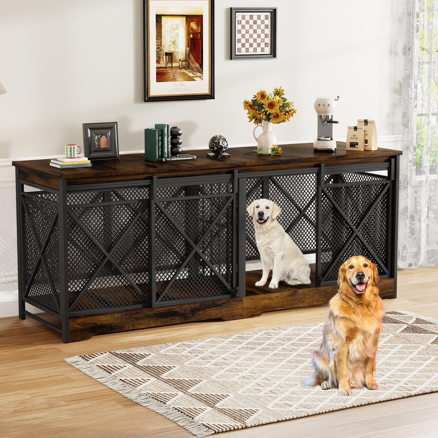 78" Double Dog Crate Wooden Dog Kennel Furniture with Metal Mesh-Brown
