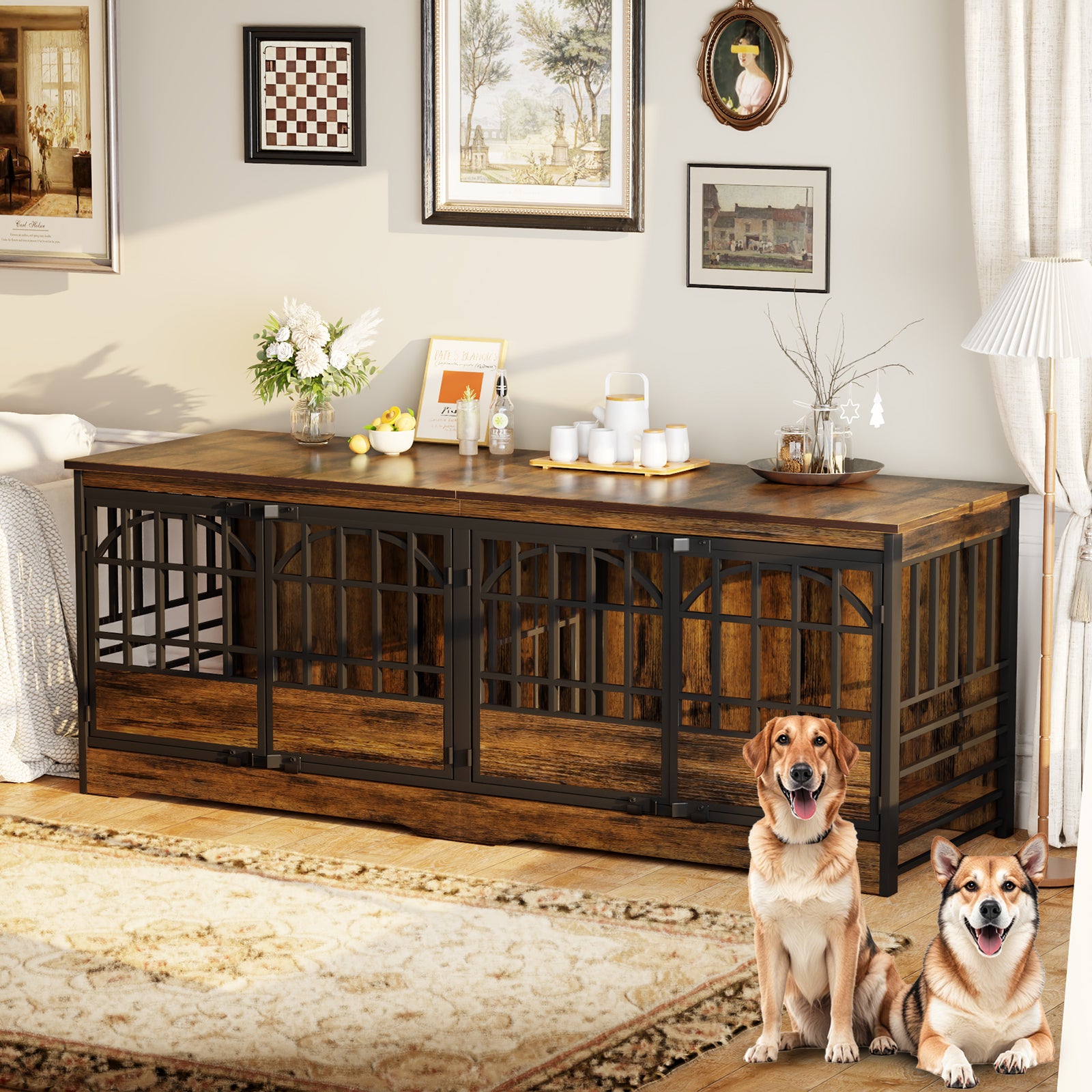 86" Double Dog Crate Furniture with Elegant Arched Door - Brown
