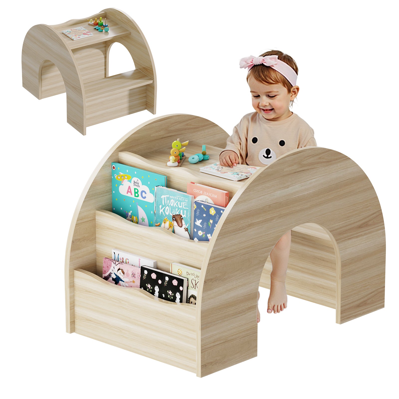 Wooden Arched Kids Desk and Chair Set Study Writing Table with Storage Hutch-Wood