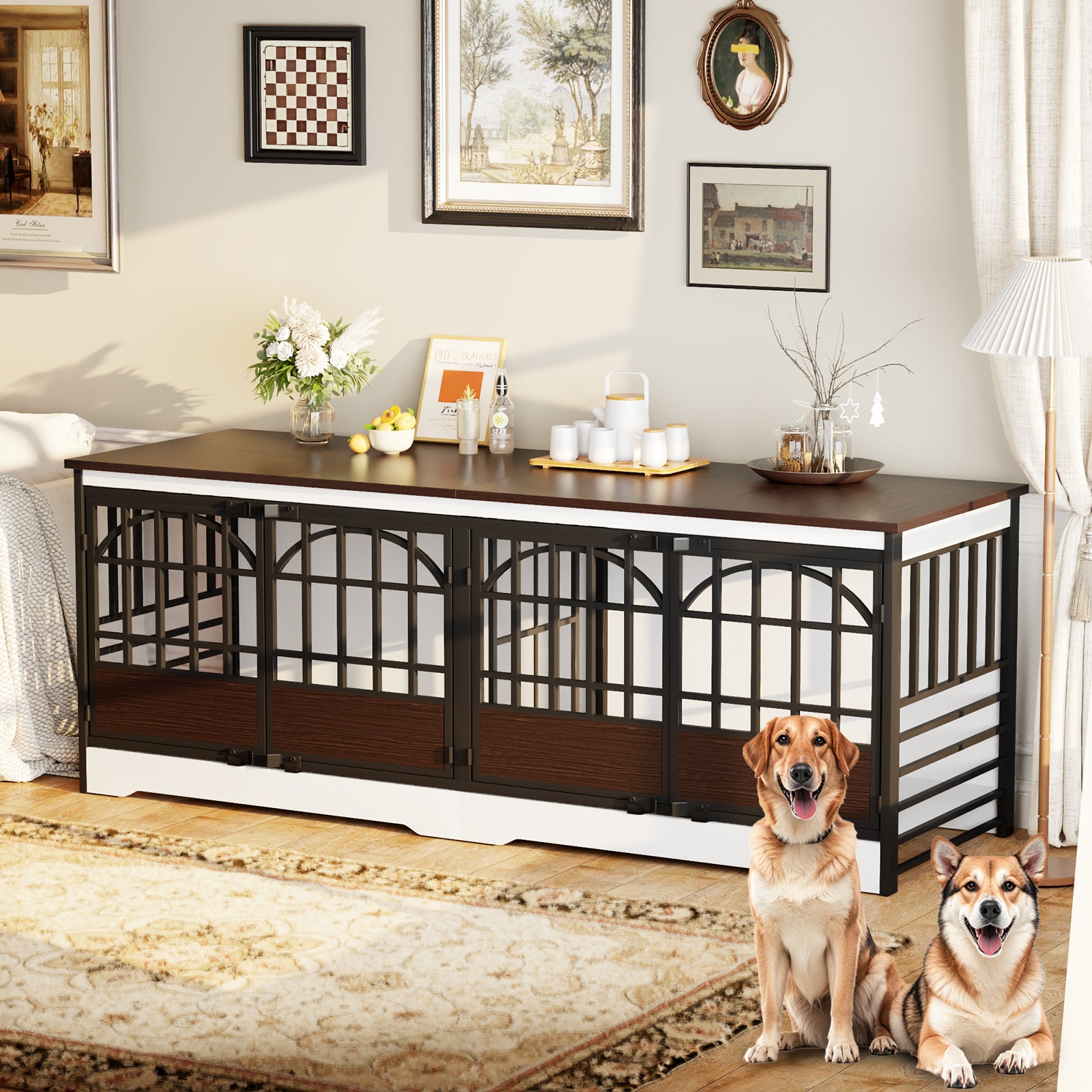 86" Double Dog Crate Furniture with Elegant Arched Door - White