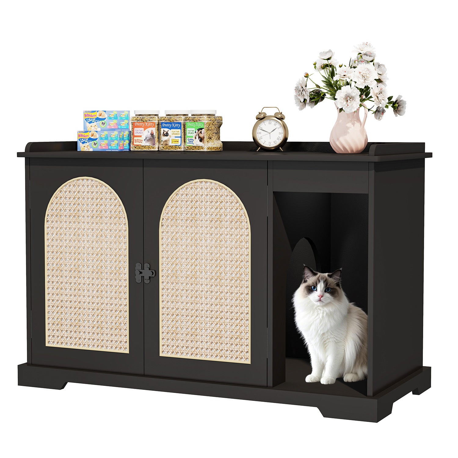 Indoor Wooden Cat Litter Box Enclosure with Double Movable doors and Divider-Black