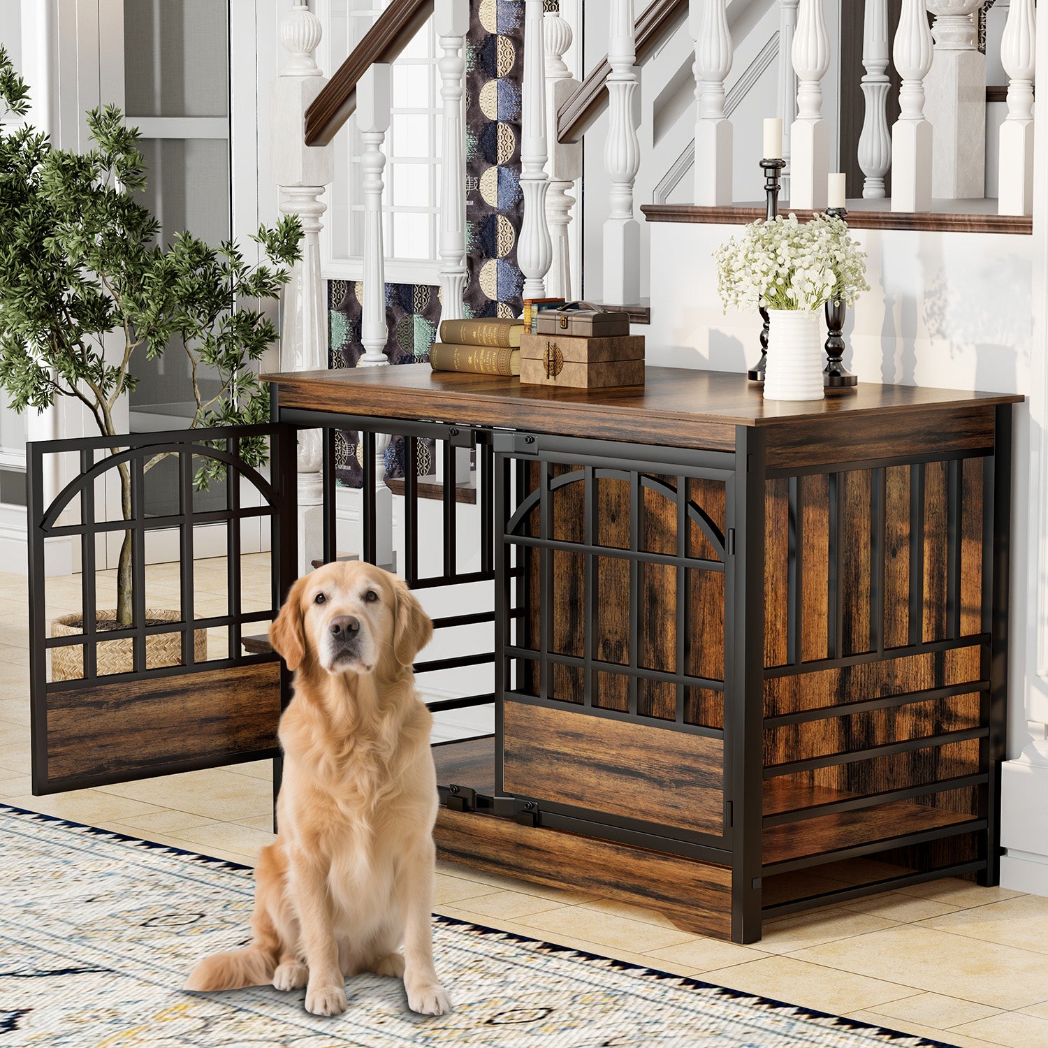 52" Dog Crate Wooden Dog Kennel Furniture with Elegant Arched Door - Brown