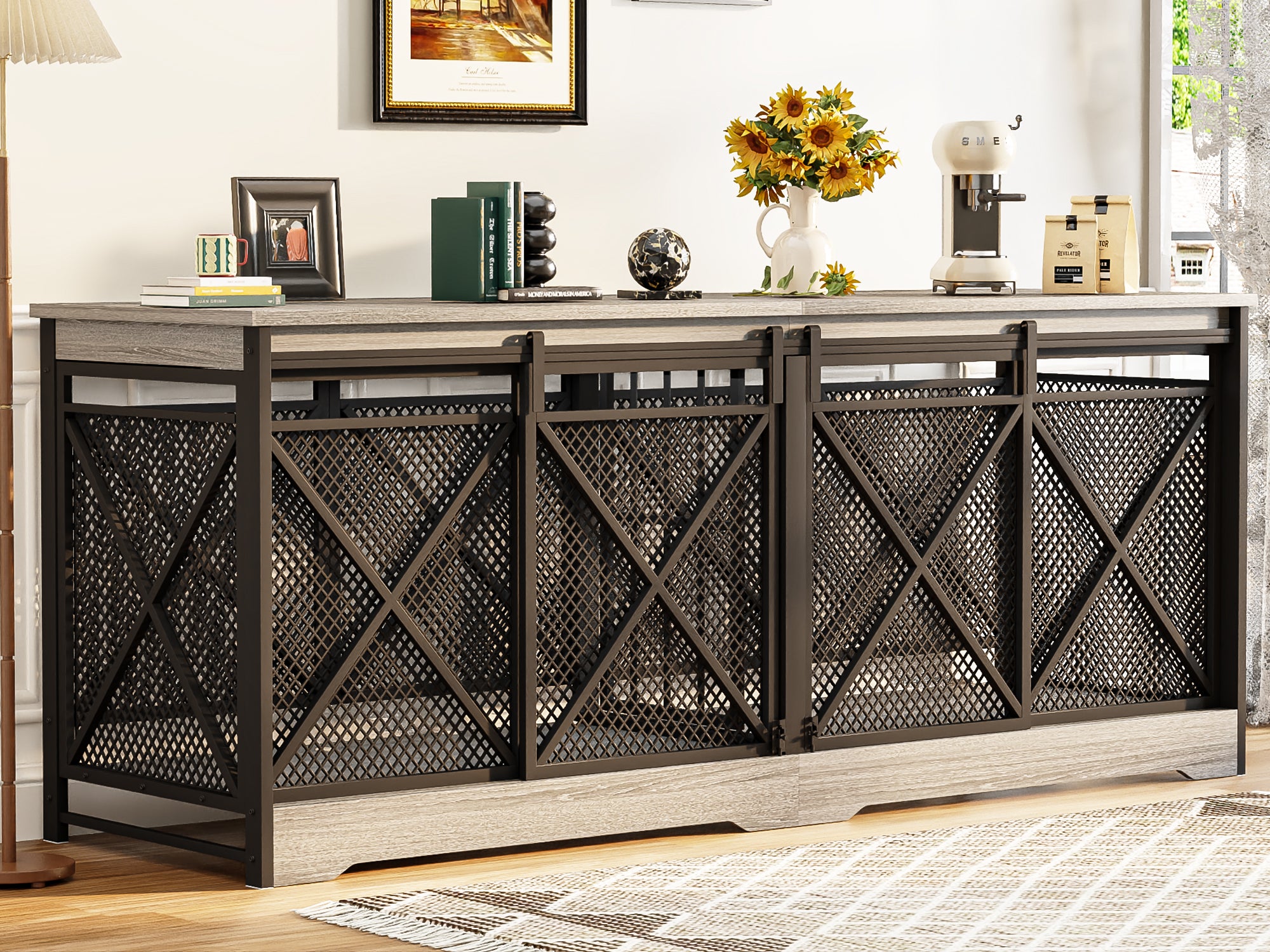 78" Double Dog Crate Wooden Dog Kennel Furniture with Metal Mesh-Grey