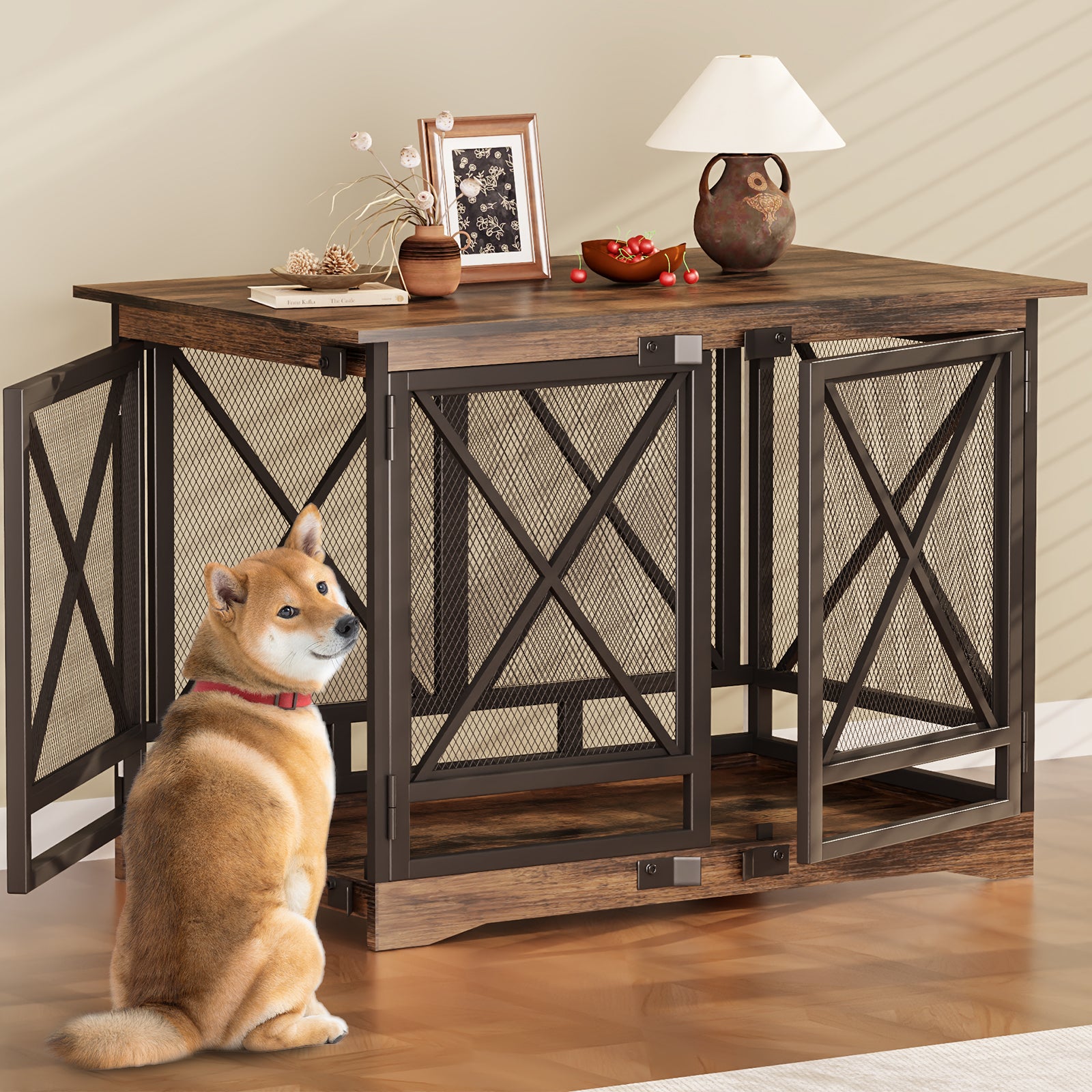 48" Wooden Large Furniture Dog Crate Indoor with 3 Doors & Metal Mesh - Brown