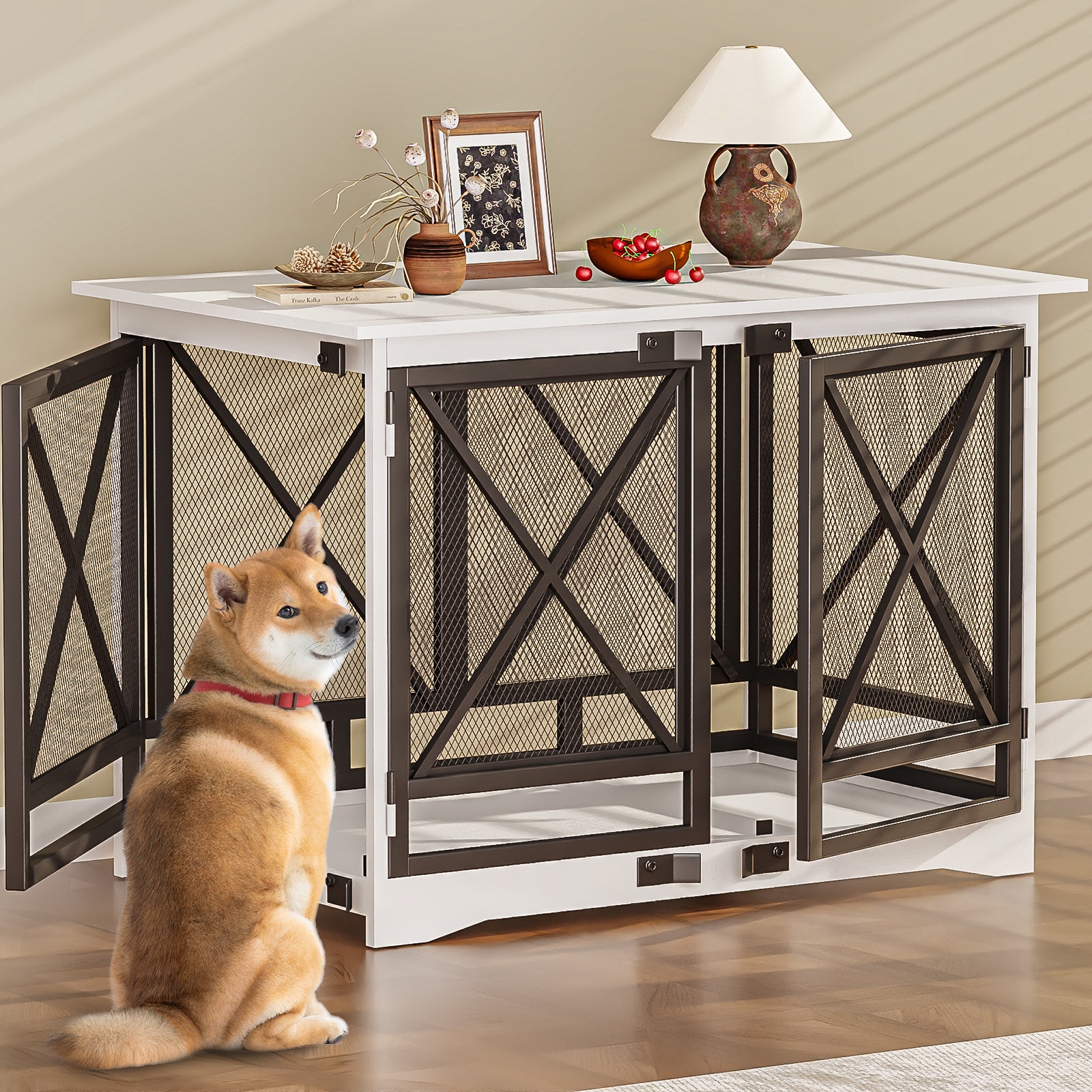 48" Wooden Large Furniture Dog Crate Indoor with 3 Doors & Metal Mesh - White
