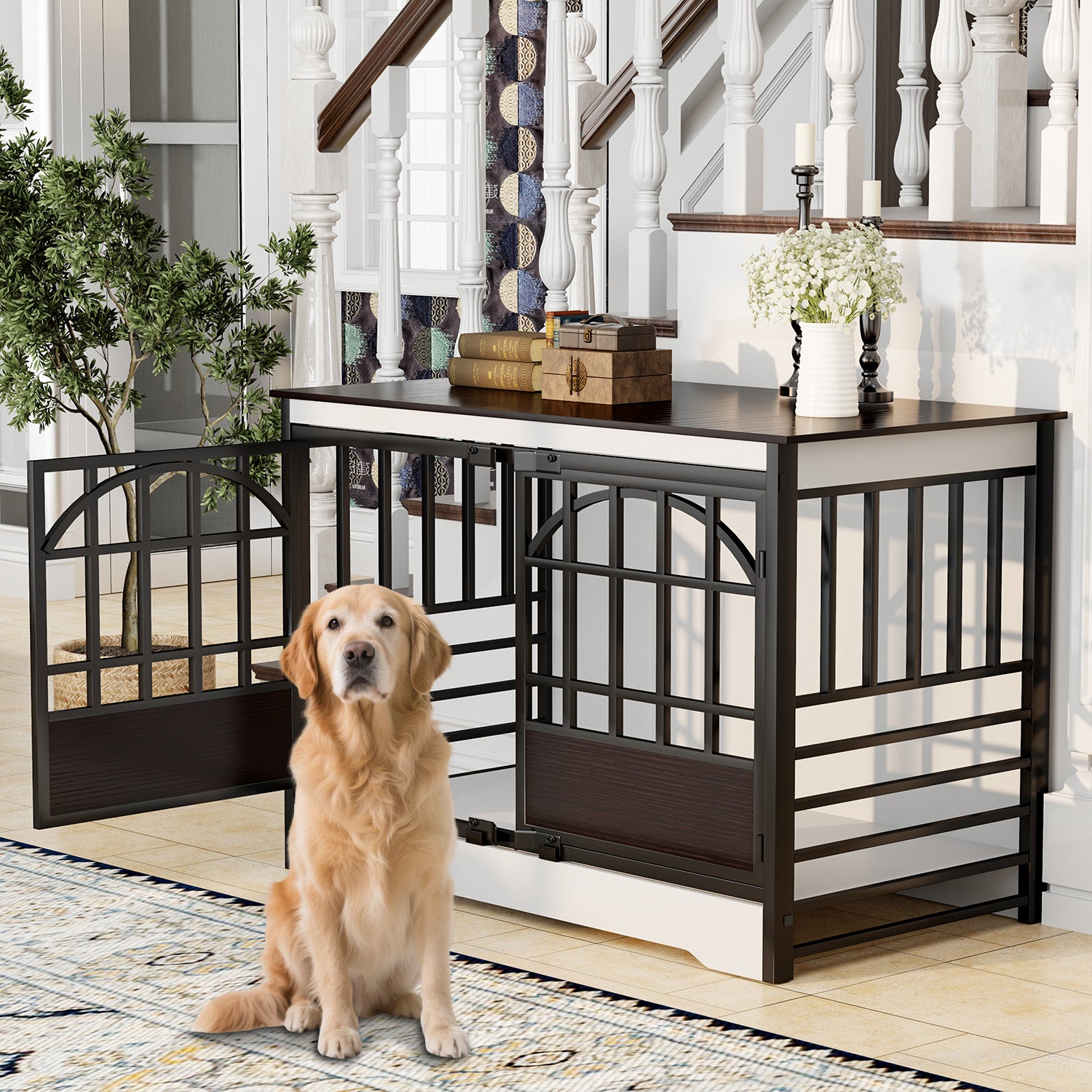 52" Dog Crate Wooden Dog Kennel Furniture with Elegant Arched Door - White