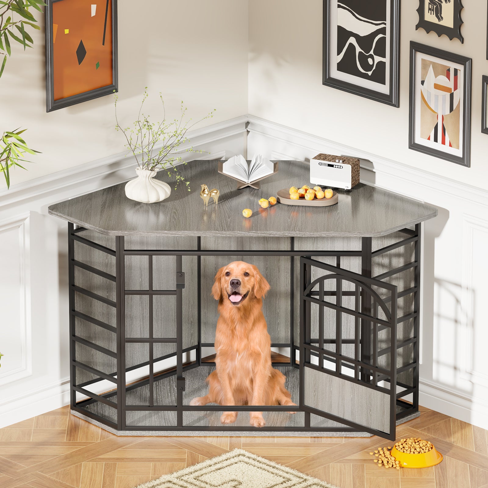 52 Inch Corner Dog Crate Furniture-Grey