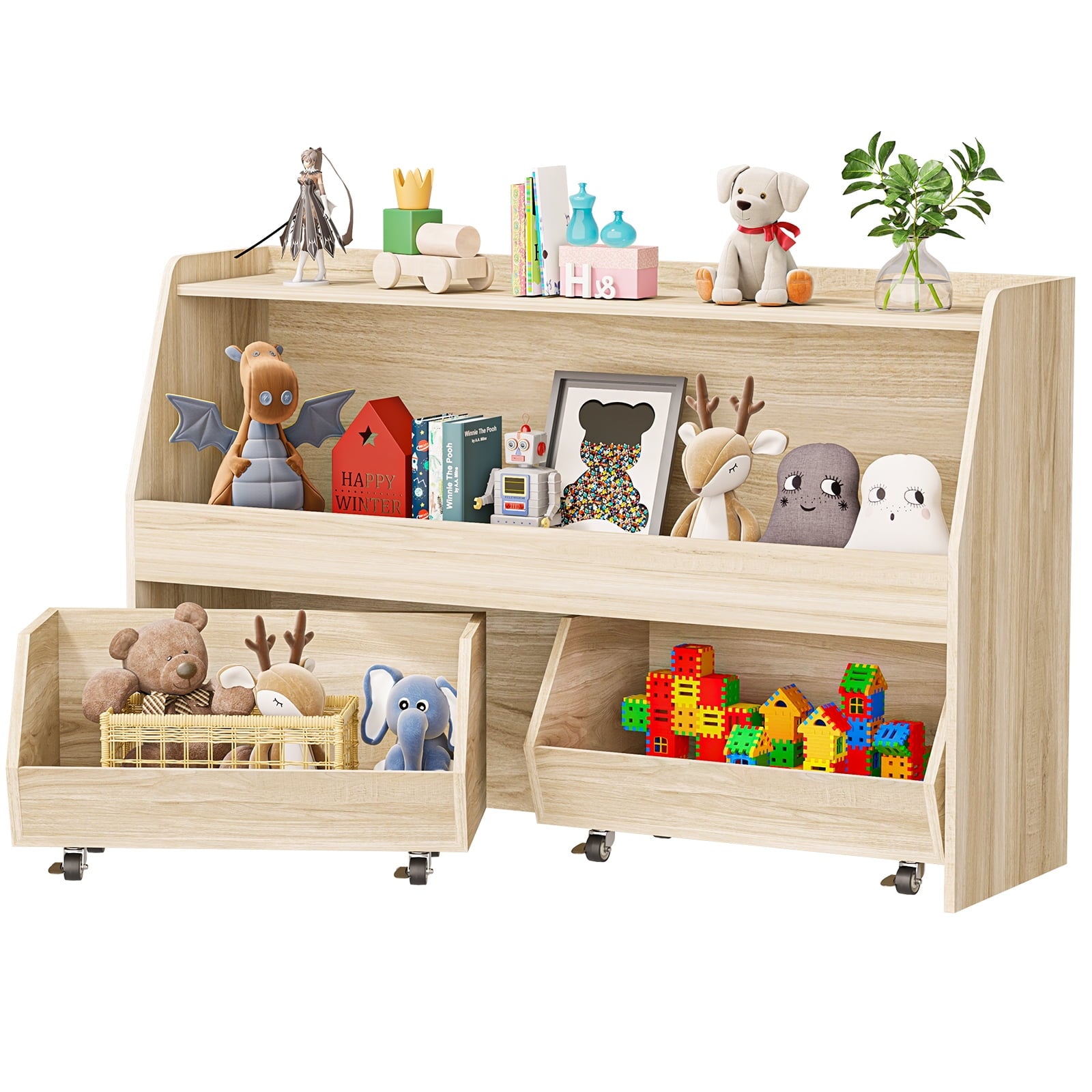 2-Tier Portable Toy Storage - Kids Toy Organizer with 2 Removable Bins and 4 Wheels (Wood)