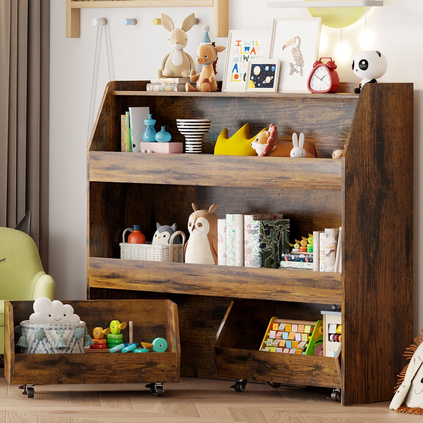 3-Tier Toy Storage Organizer with 2 Removable Bins and 4 Wheels - Brown