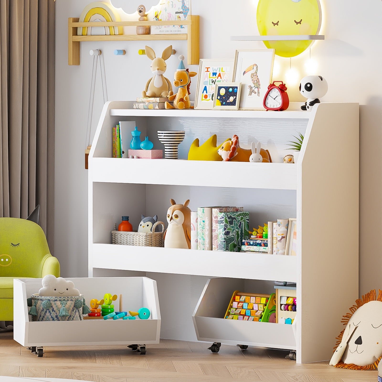 3-Tier Portable Toy Storage, Kids Toy Organizer W/2 Removable Bins with 4 Wheels（White)