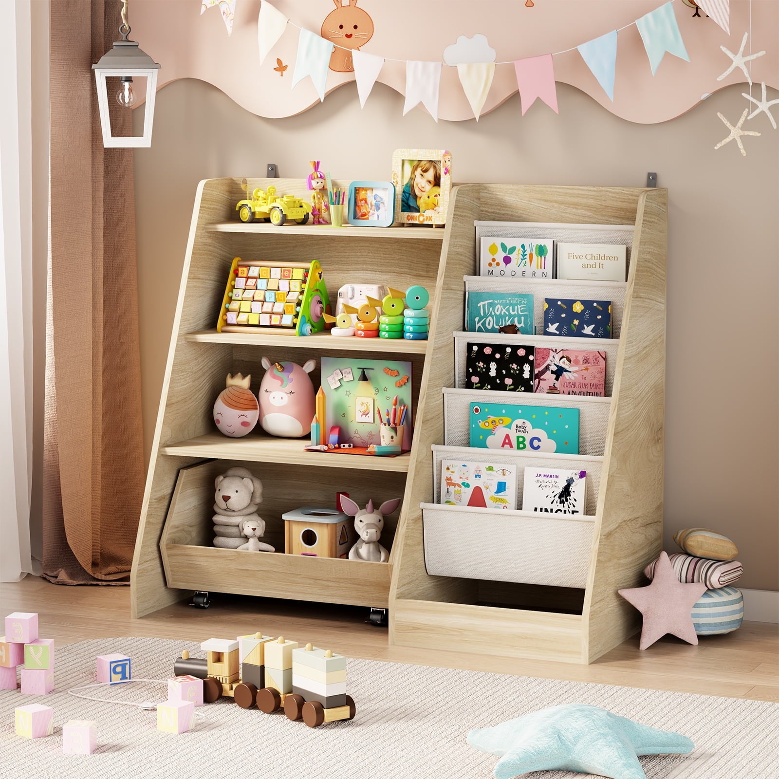 4-Tier Wooden Kids Bookshelf and Toy Storage for for Kids Rooms-OKA