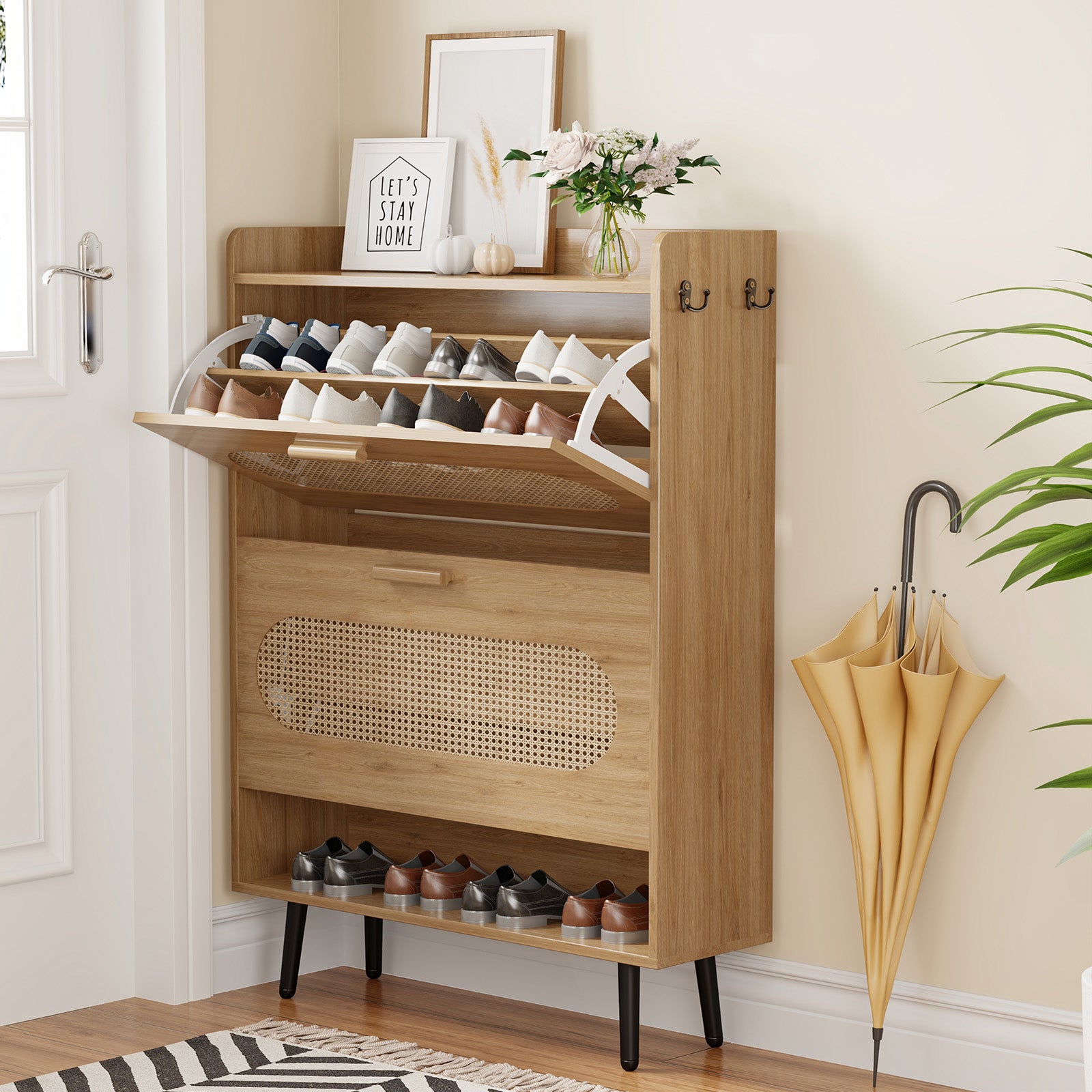 Rattan Shoe Storage Cabinet with 2 Flip Drawers-Wood