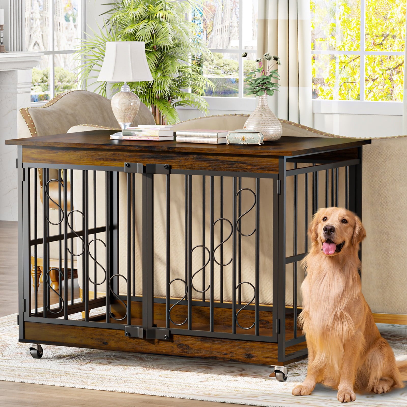 48" Large Dog Crate Furniture with Elegant S-Shaped Decoration Door-Brown