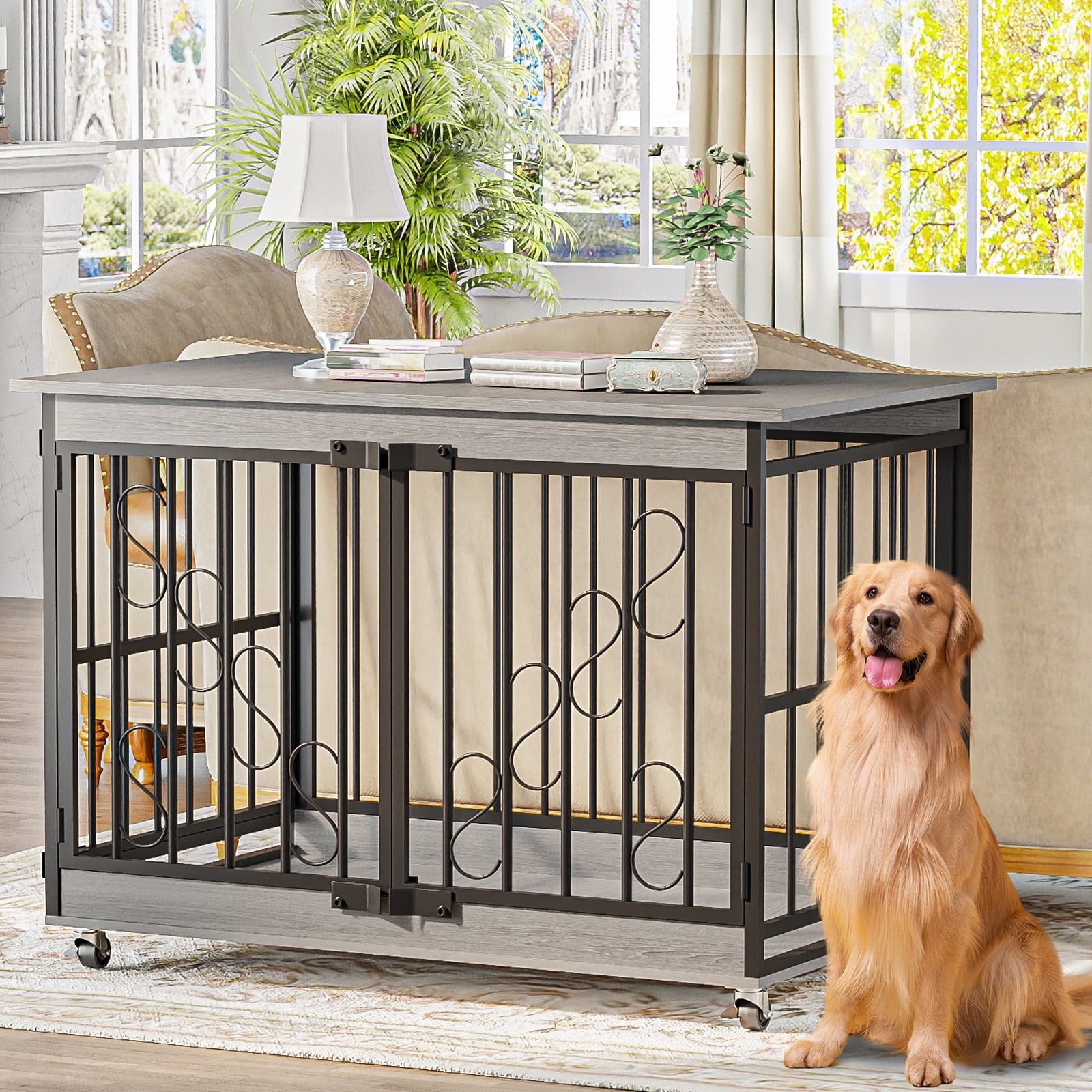 Large Dog Crate Furniture - 48" Elegant Crate with S-Shaped Door - Grey