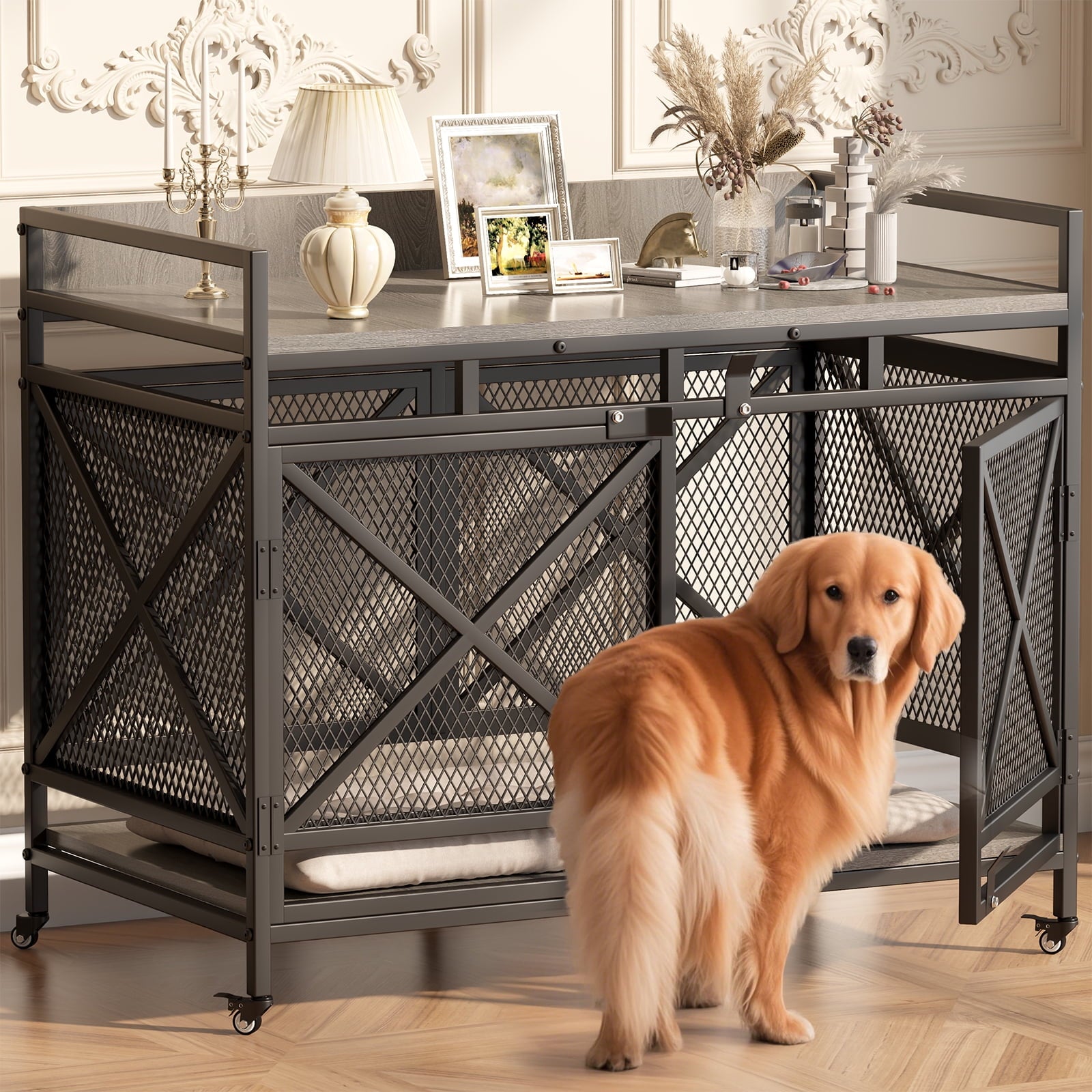 48'' Wooden Large Furniture Dog Crate with Caster Wheels & Metal Mesh-Grey