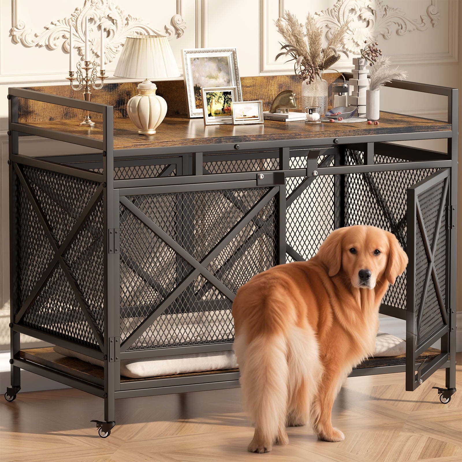 48'' Wooden Large Furniture Dog Crate with Caster Wheels & Metal Mesh-Brown