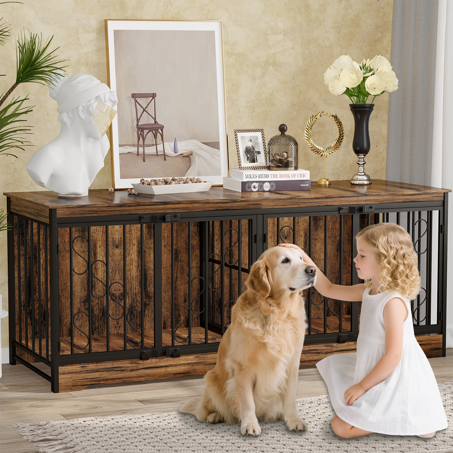 71'' Double Dog Crate Furniture with S-Shaped Decoration Door - Brown