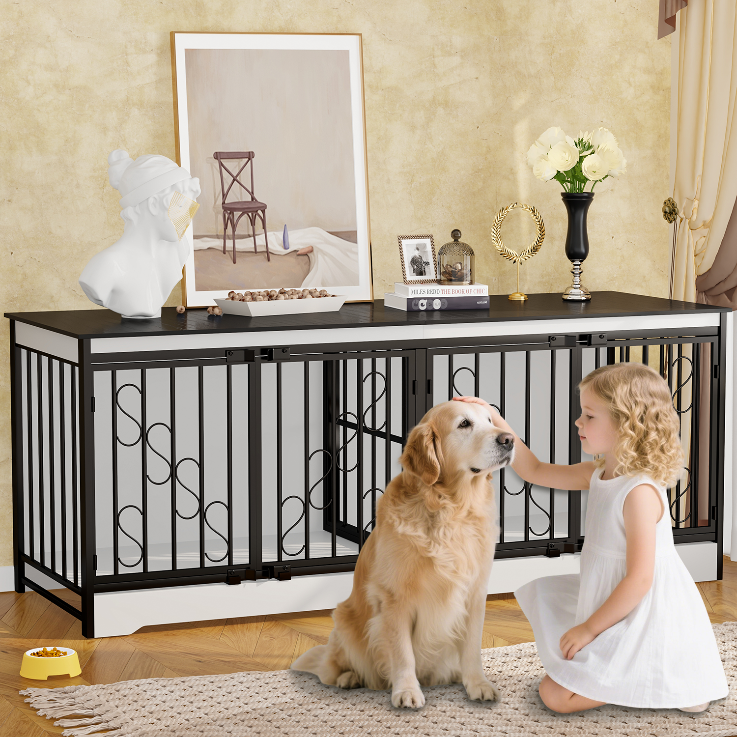 71'' Double Dog Crate Wooden Dog Kennel Furniture with S-Shaped Decoration Door