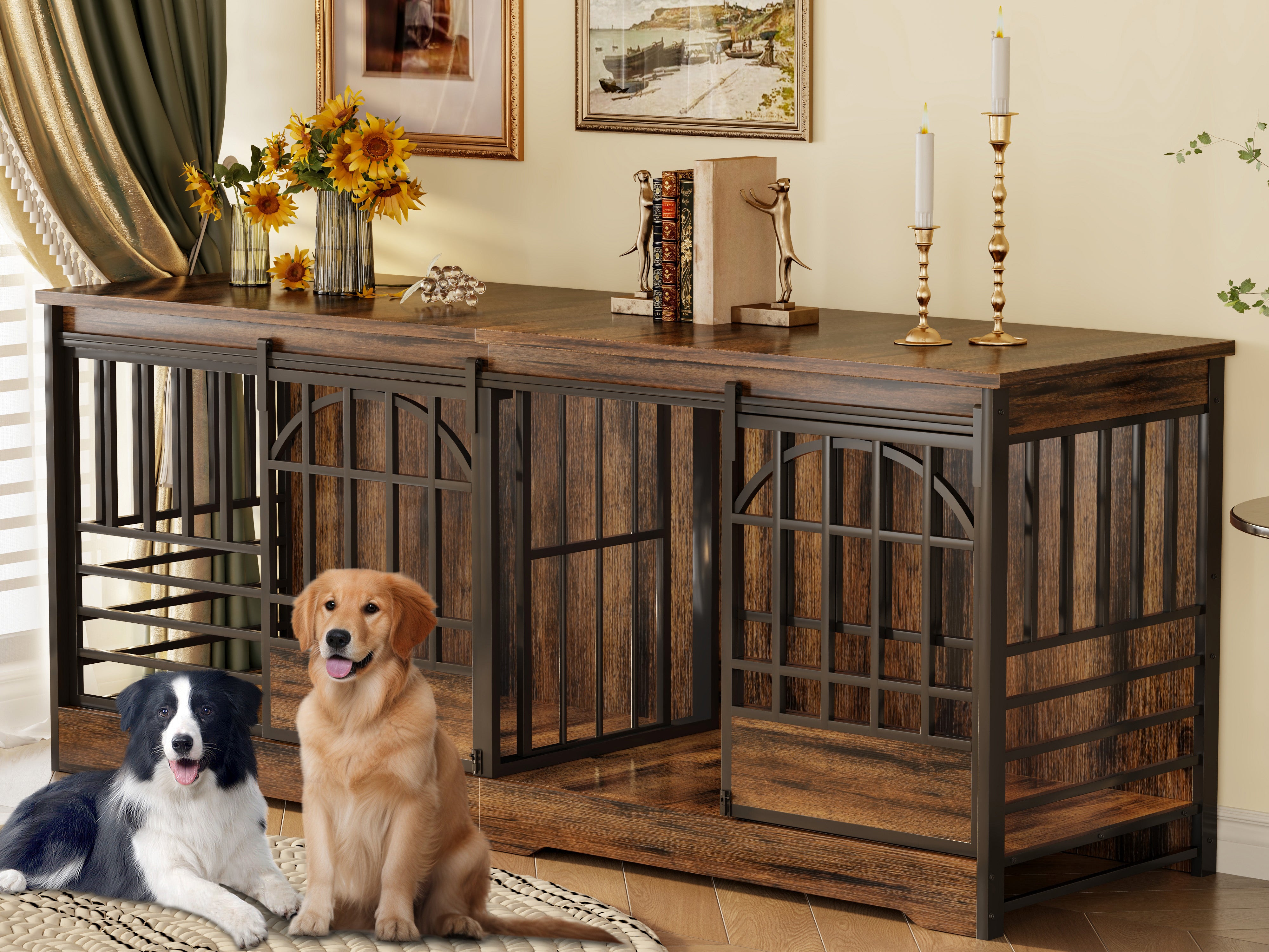 78" Double Dog Crate Furniture Wooden Dog Kennel with Elegant Arched Door - Brown