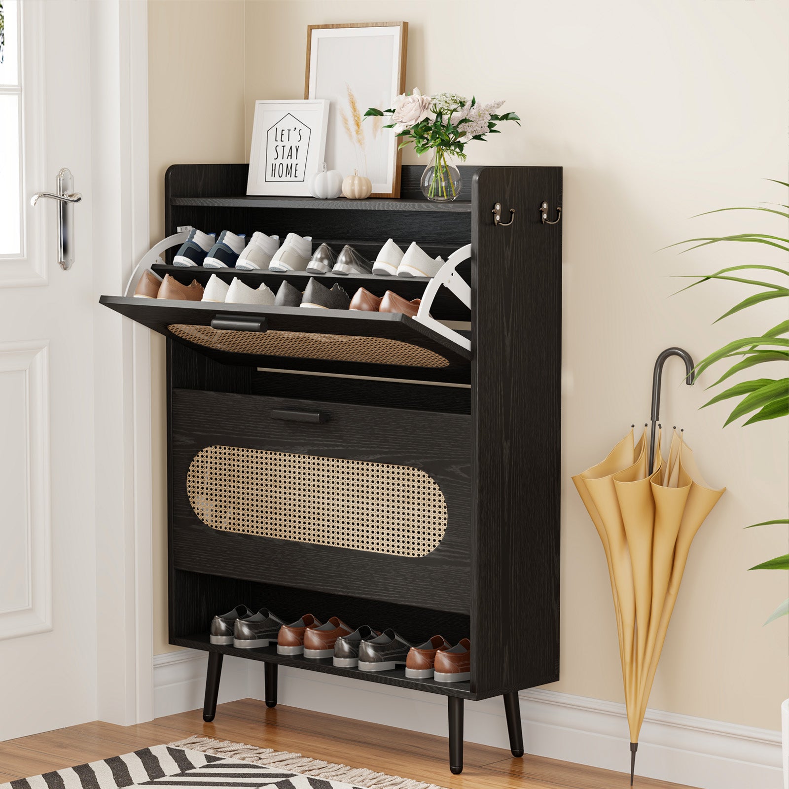 Rattan Shoe Storage Cabinet with 2 Flip Drawers-Black